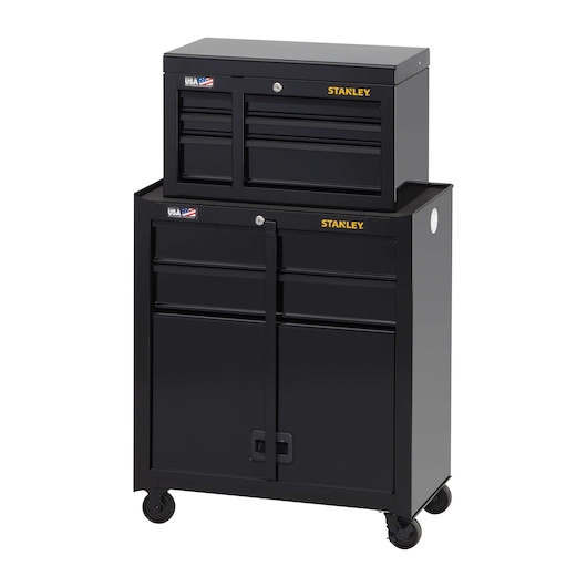 Front view of STANLEY black metal tool chest and cabinet with drawers and locking doors on wheels