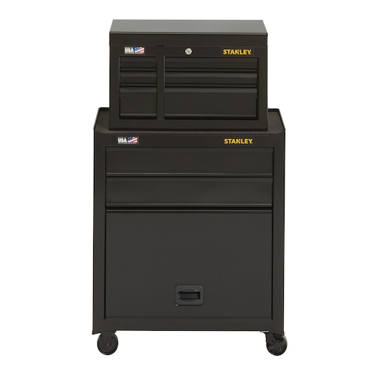 STANLEY STST22656BK black rolling tool chest with upper and lower drawers, front angle, on white background.