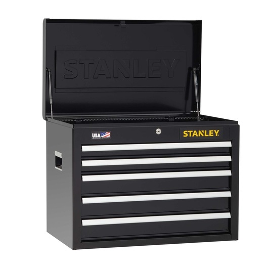 Stanley black metal tool chest with five drawers, open top lid, side handles, front angle on white background