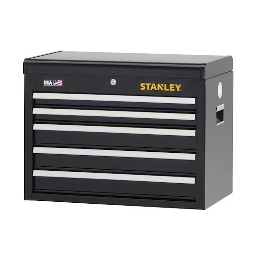 STANLEY STST22657BK black metal tool chest with four drawers, front angle on white background.