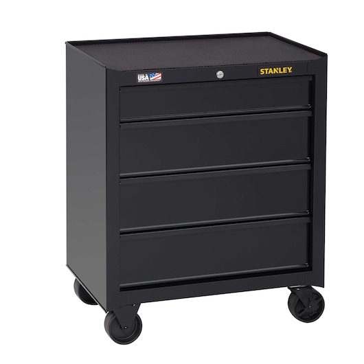 Front angle of STANLEY black metal rolling tool chest with four drawers and caster wheels on white background