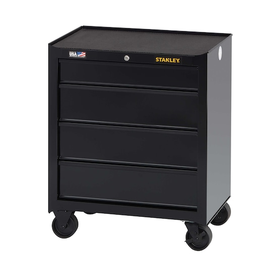 Stanley black metal tool chest with four drawers, caster wheels, front angle on white background