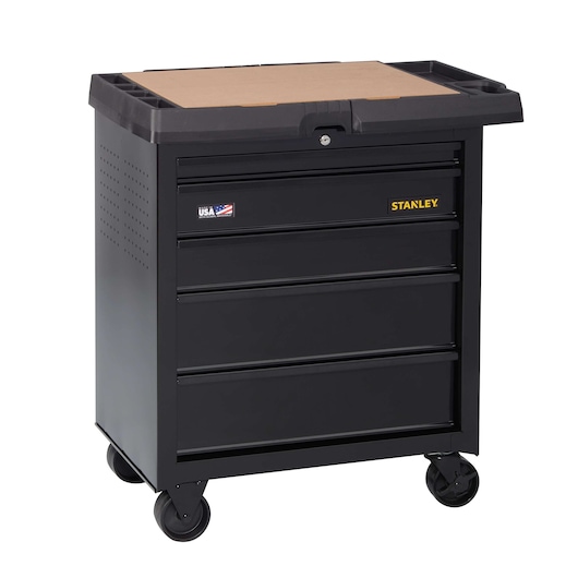 Stanley black rolling tool chest with four drawers, top tray, and lock, front angle on white background.