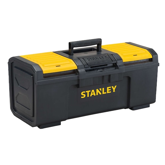 Stanley black and yellow toolbox front angled shot on white background