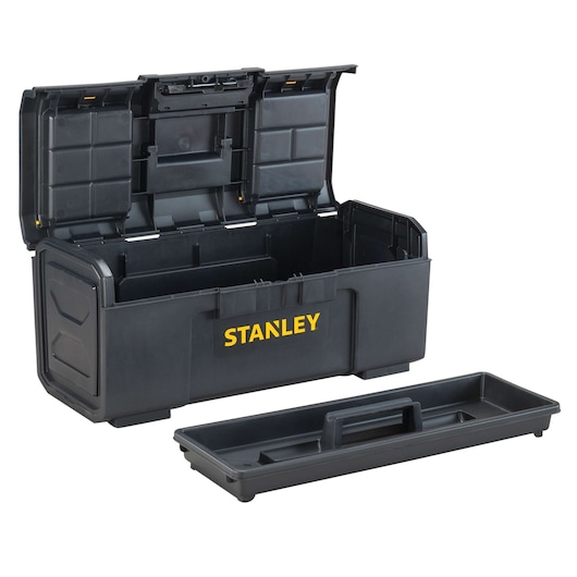 Front angle of STANLEY black plastic toolbox with open lid and removable tray on white background