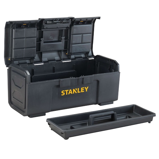 Stanley black toolbox with open lid and removable tray, front angle on white background