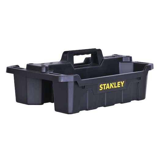 Stanley black plastic tool caddy with yellow logo, top angle on white background