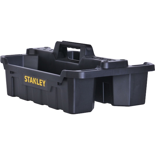 Stanley black plastic tool tote with central handle, side compartments, front-facing angle on white background