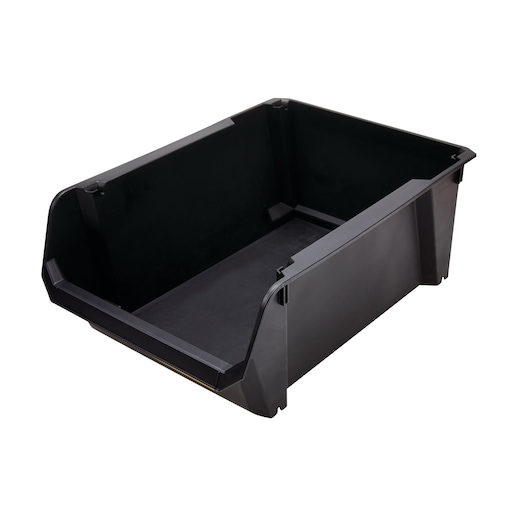 STANLEY STST55500 black plastic storage bin, front angle, open-top design, photography product.