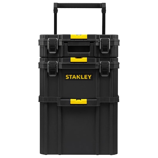 STANLEY STST60500 black rolling tool chest with yellow latches, front angle, photography on white background.