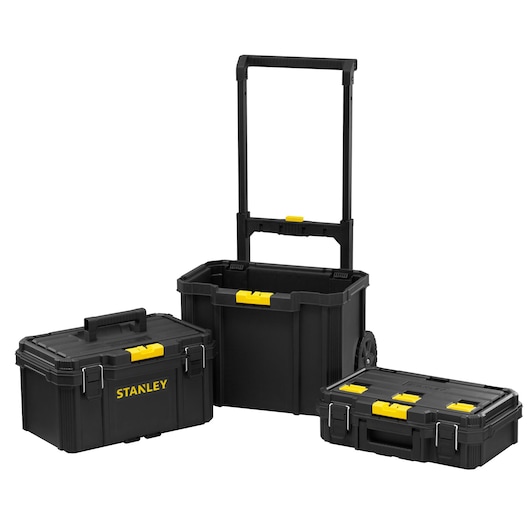 Photo of STANLEY STST60500 black tool box set with yellow latches, front angle, includes wheeled box and two cases.
