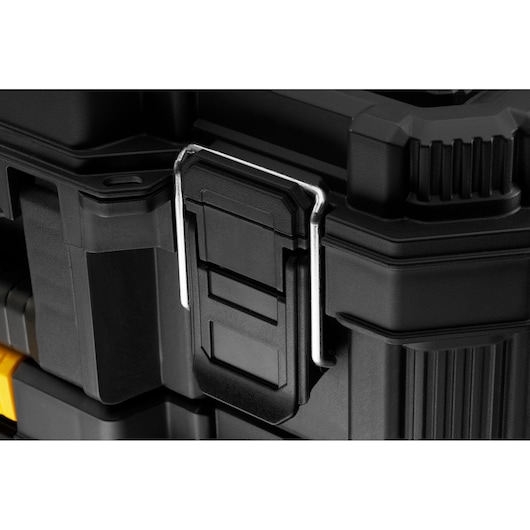 STANLEY STST60500 black toolbox latch close-up photo, sturdy plastic with metal clip, front angle.