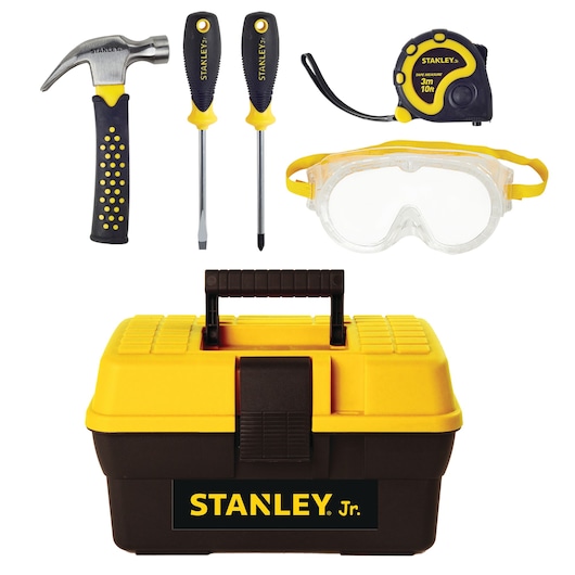 STANLEY TBS001-05-SY Jr. tool set with toolbox, hammer, screwdrivers, tape measure, and safety goggles, front view.