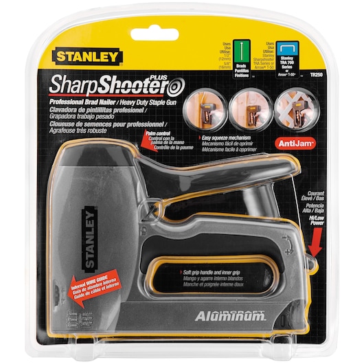 Stanley TR250 SharpShooter Plus heavy duty staple gun and brad nailer in retail packaging, aluminum body, black and yellow accents.