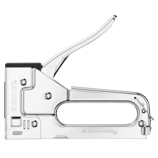 STANLEY TR45 silver heavy-duty stapler, side angle, with ergonomic handle.