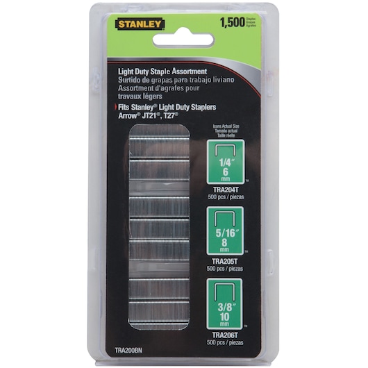 STANLEY TRA200BN light duty staple assortment pack, 1,500 staples in 3 sizes, front packaging view.