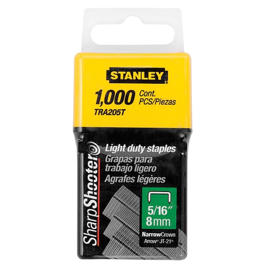 Photo of STANLEY TRA205T light duty staples pack, 1,000 count, 5/16 inch, narrow crown, front view.