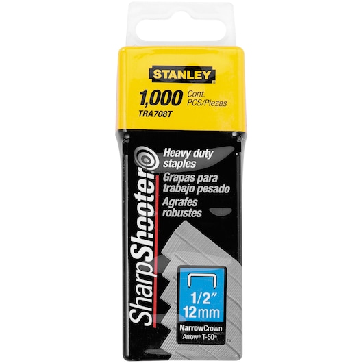 Stanley TRA708T heavy duty staples, 1,000 count, narrow crown, 1/2 inch (12mm), front view packaging.