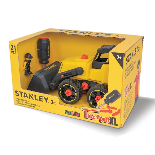 STANLEY SKU TT002-SY toy front loader construction kit in yellow box with toy vehicle, figure, and screwdriver, angled view.