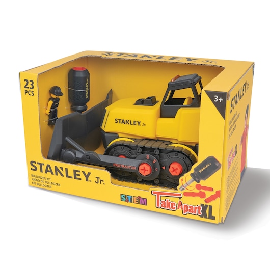 Photo of STANLEY TT005-SY toy bulldozer kit in yellow box with 23 pieces, screwdriver, and builder figure, front angle.