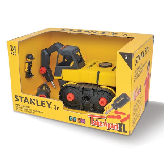 STANLEY TT010-SY toy jackhammer kit with yellow toy vehicle and accessories in retail packaging, front angle.